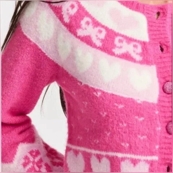 LoveShackFancy Dimples Crop Cardigan Dainty Cute Jacquared Pink Hearts Ribbons M - Picture 3 of 13